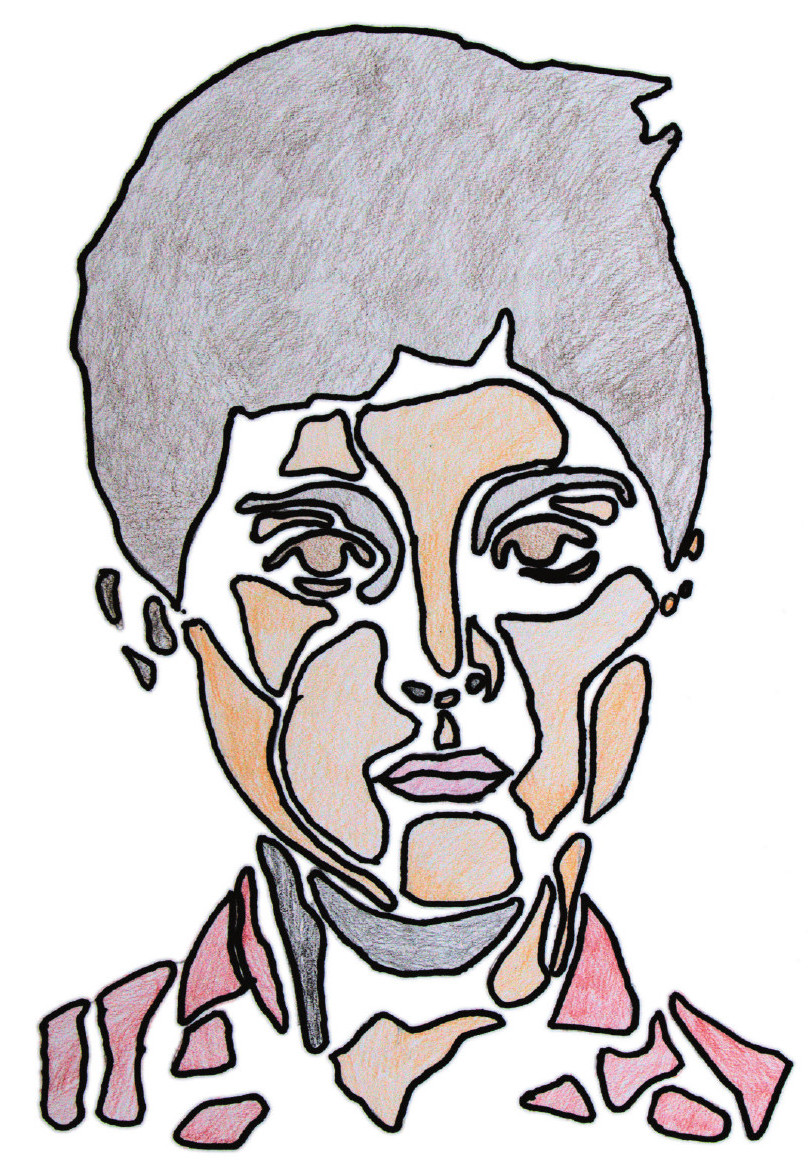 Dessin représentant un visage de jeune garçon fait en mosaïque de formes diverses dans des tons bruns et gris.